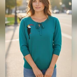 Belle Pogue Beautiful Teal Blouse with Toucan Detail